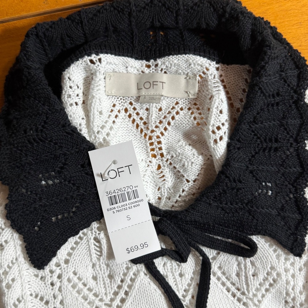 LOFT White Pointelle Knit Peter Pan Collar Tie Neck Short Sleeve Sweater S NEW - Picture 3 of 6